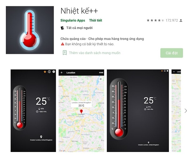 Ứng dụng Nhiệt kế+++ trên điện thoại