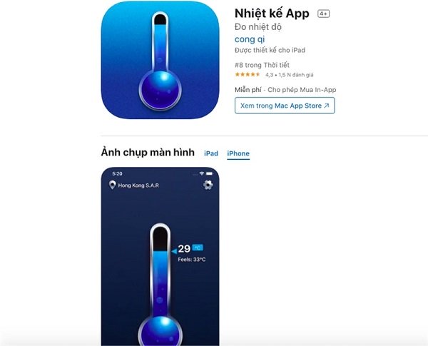 Nhiệt kế App giao diện đơn giản, dễ sử dụng