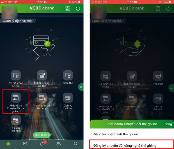Đăng nhập ứng dụng Vietcombank Digibank để đăng kí đổi thẻ