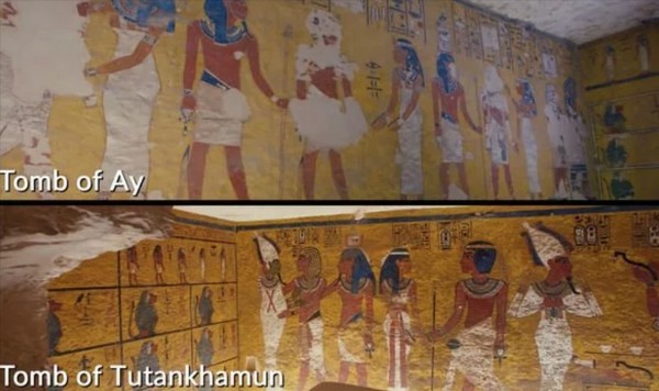 Tranh vẽ trong mộ vua Ay (ảnh trên) và tranh vẽ trong mộ vua Tut (ảnh dưới).