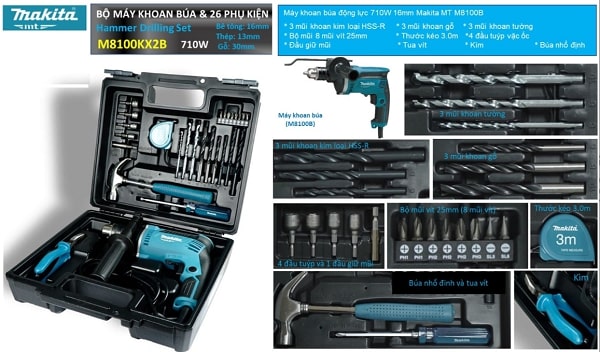 Bộ sản phẩm máy khoan động lực Makita M8100KX2B chính hãng