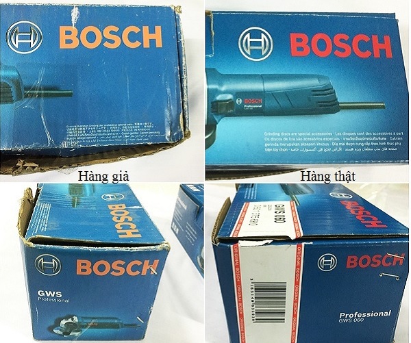 Tên hãng Bosch in trên bao bì của máy mài giả có màu cam nhạt