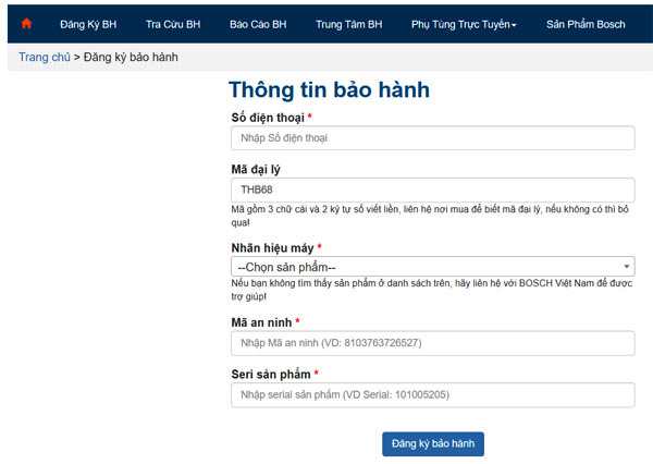 Đăng ký bảo hành trên website