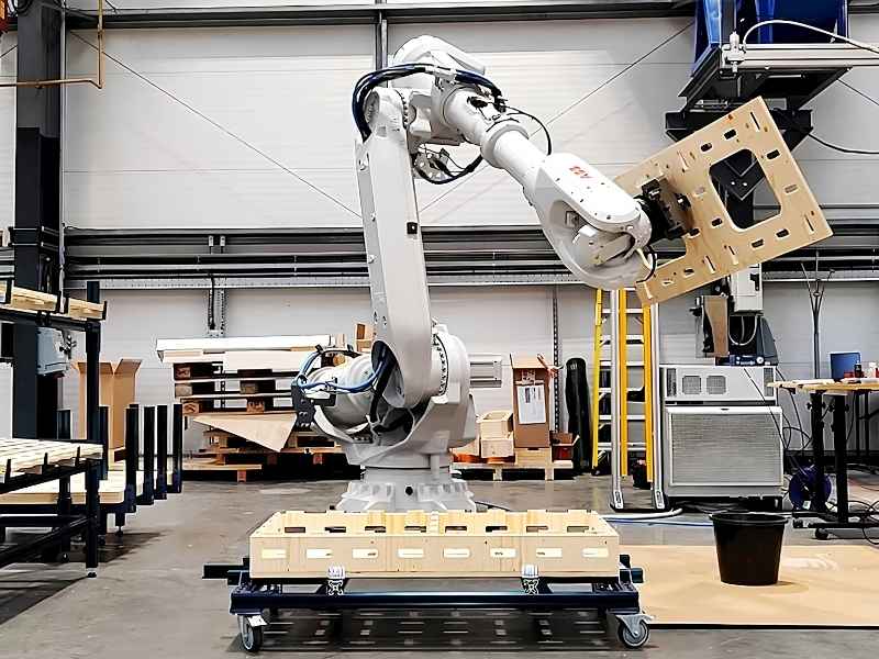 Robot thực hiện công việc khoan hoặc vận chuyển vật liệu tại công trường.